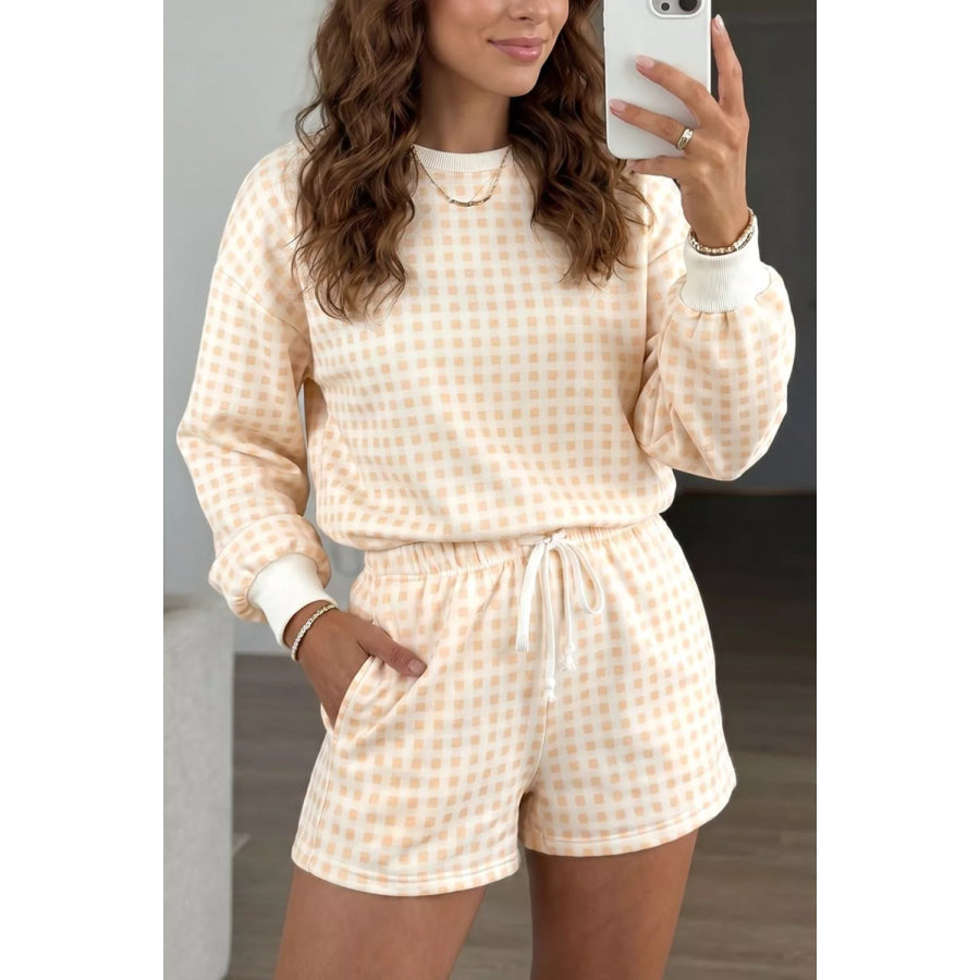 Gingham Long Sleeve Sweatshirt and Shorts Set Apparel Accessories