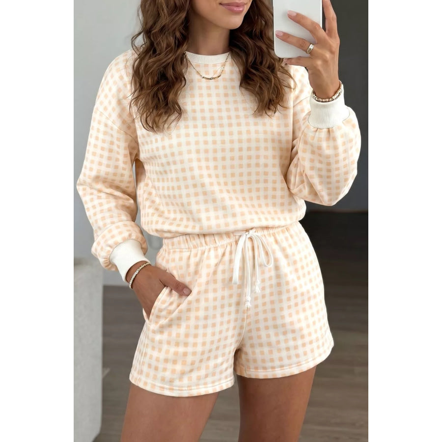 Gingham Long Sleeve Sweatshirt and Shorts Set Apparel Accessories