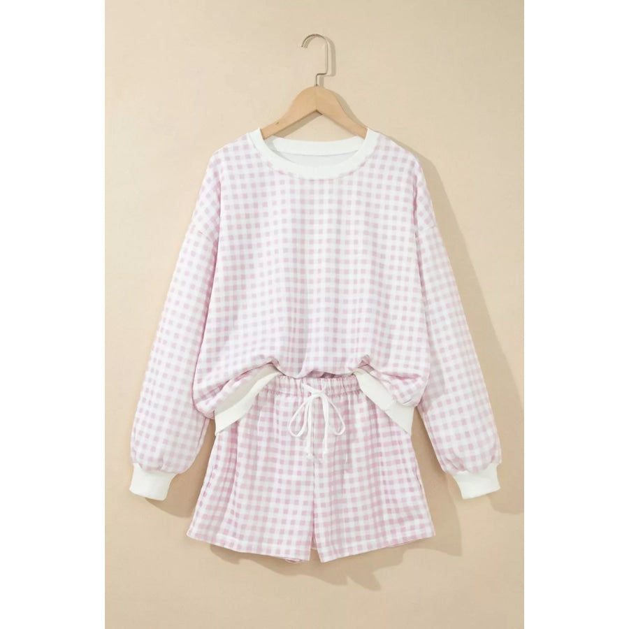 Gingham Long Sleeve Sweatshirt and Shorts Set Apparel and Accessories