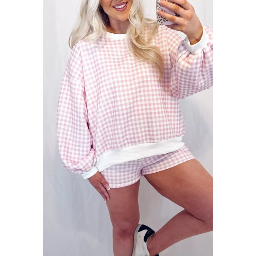 Gingham Long Sleeve Sweatshirt and Shorts Set Apparel and Accessories