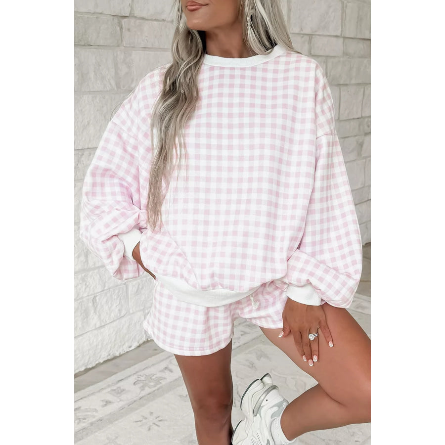 Gingham Long Sleeve Sweatshirt and Shorts Set Apparel and Accessories