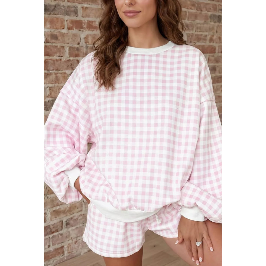 Gingham Long Sleeve Sweatshirt and Shorts Set Blush Pink / S Apparel and Accessories