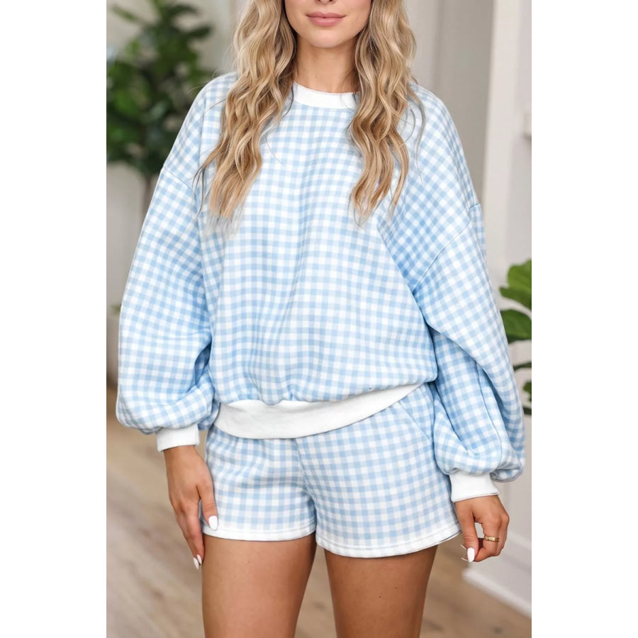 Gingham Long Sleeve Sweatshirt and Shorts Set Light Blue / S Apparel Accessories