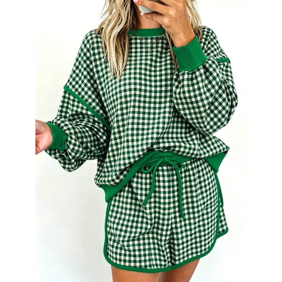 Gingham Long Sleeve Sweatshirt and Shorts Set Moss / S Apparel and Accessories