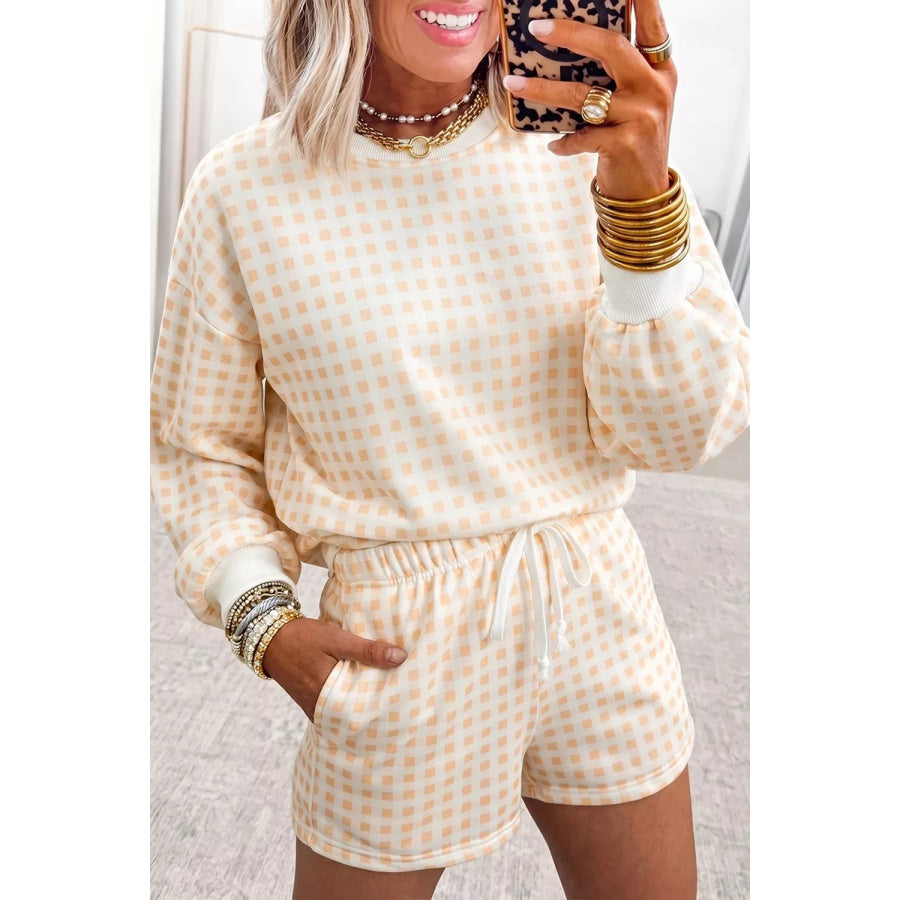 Gingham Long Sleeve Sweatshirt and Shorts Set Pastel Yellow / S Apparel Accessories