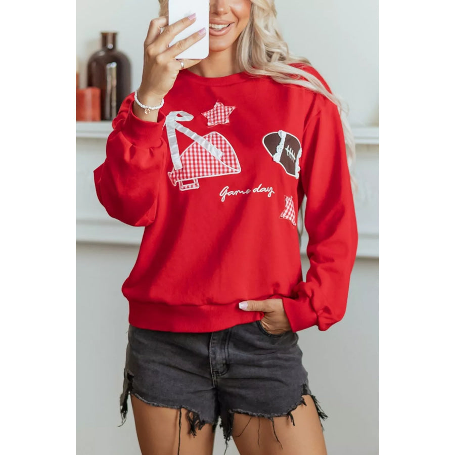 Gingham Patch Embroidered Rugby Game Day Stars Sweatshirt Apparel and Accessories