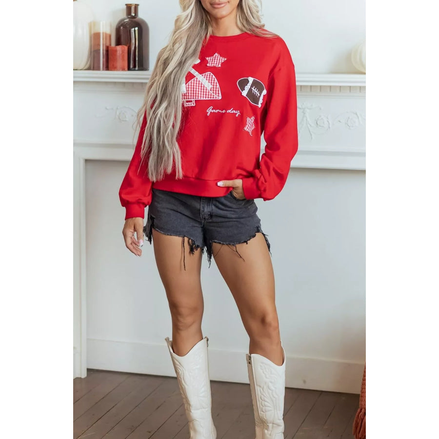 Gingham Patch Embroidered Rugby Game Day Stars Sweatshirt Apparel and Accessories