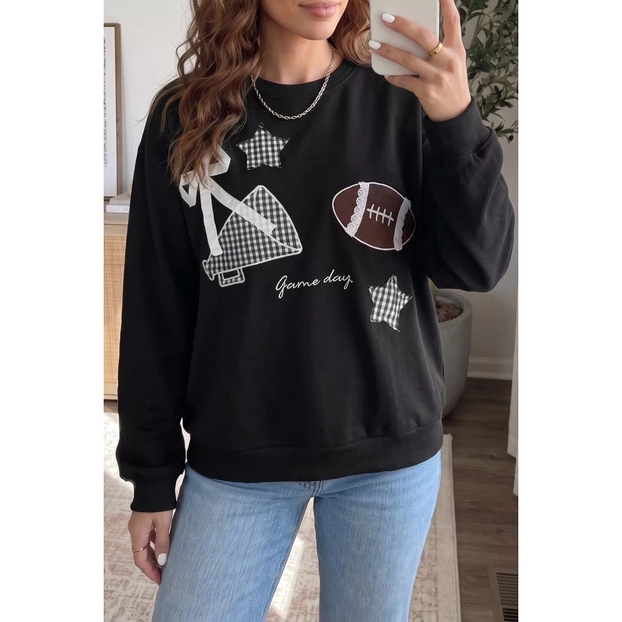 Gingham Patch Embroidered Rugby Game Day Stars Sweatshirt Apparel and Accessories