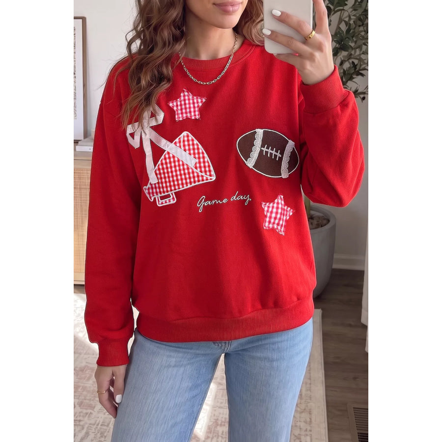 Gingham Patch Embroidered Rugby Game Day Stars Sweatshirt Apparel and Accessories