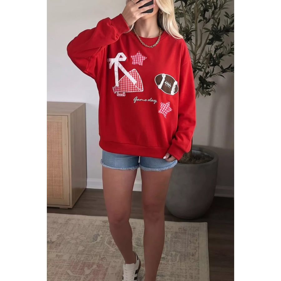 Gingham Patch Embroidered Rugby Game Day Stars Sweatshirt Apparel and Accessories