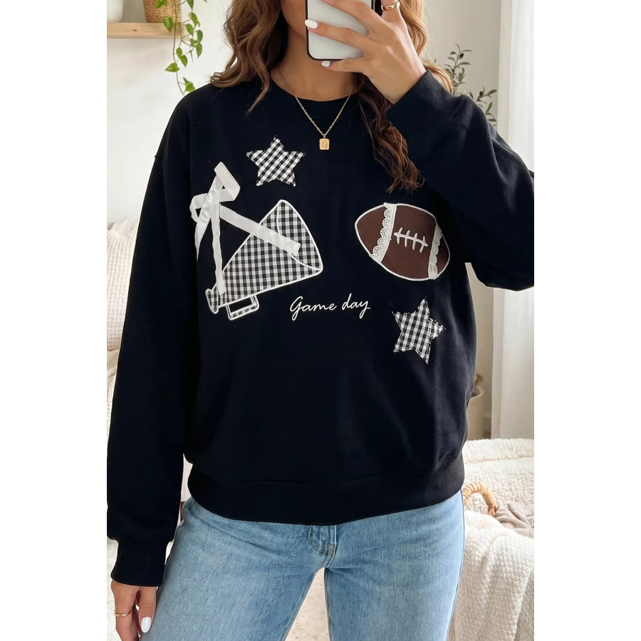 Gingham Patch Embroidered Rugby Game Day Stars Sweatshirt Black / S Apparel and Accessories