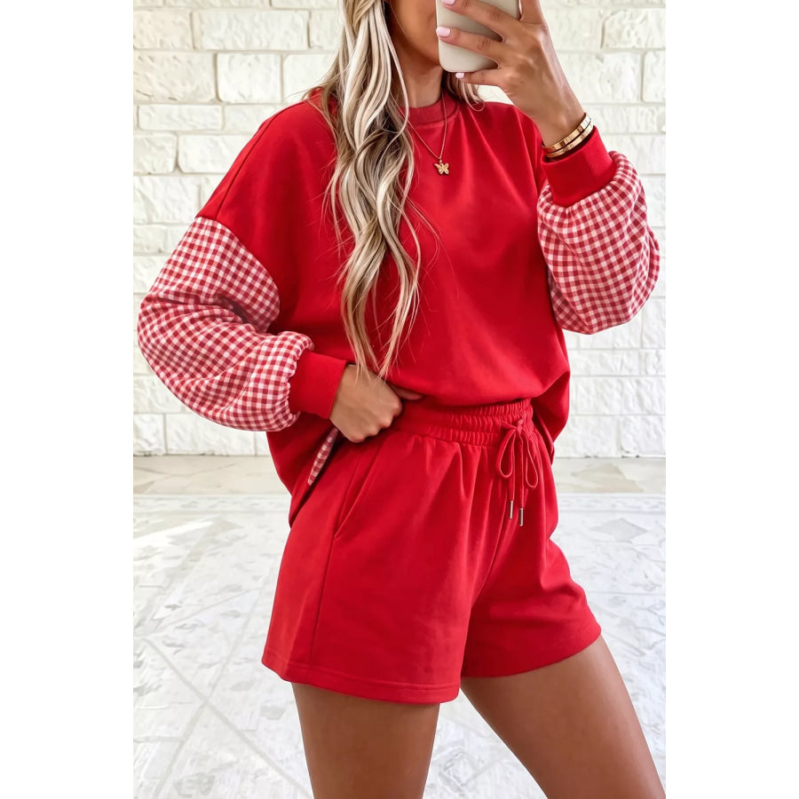 Gingham Patchwork Long Sleeve Sweatshirt and Shorts Set Apparel Accessories