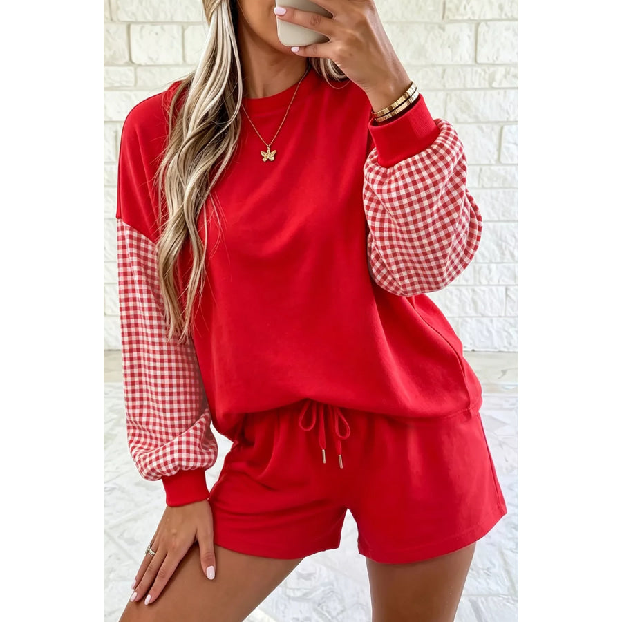 Gingham Patchwork Long Sleeve Sweatshirt and Shorts Set Apparel Accessories
