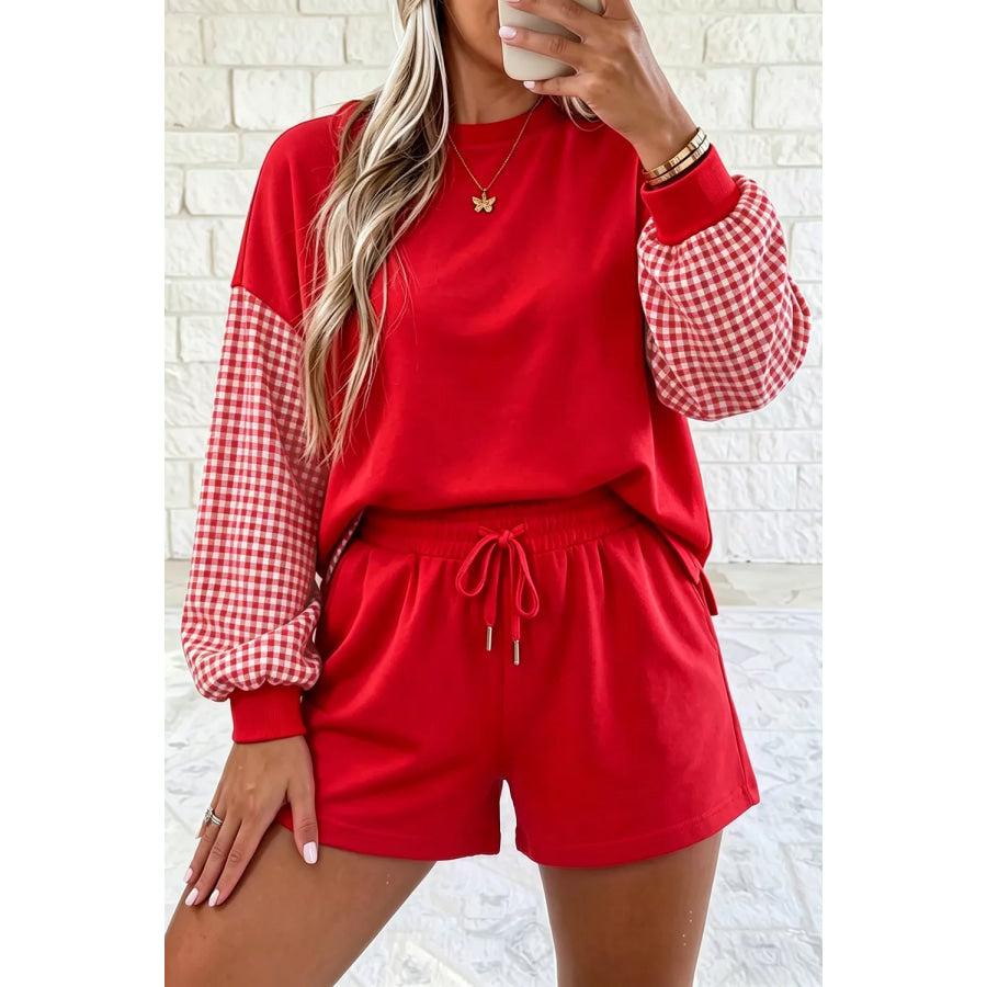 Gingham Patchwork Long Sleeve Sweatshirt and Shorts Set Deep Red / S Apparel Accessories