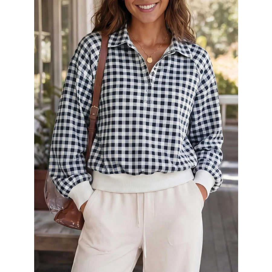 Gingham Plaid Collared Sweatshirt with Ribbed Hem Apparel and Accessories