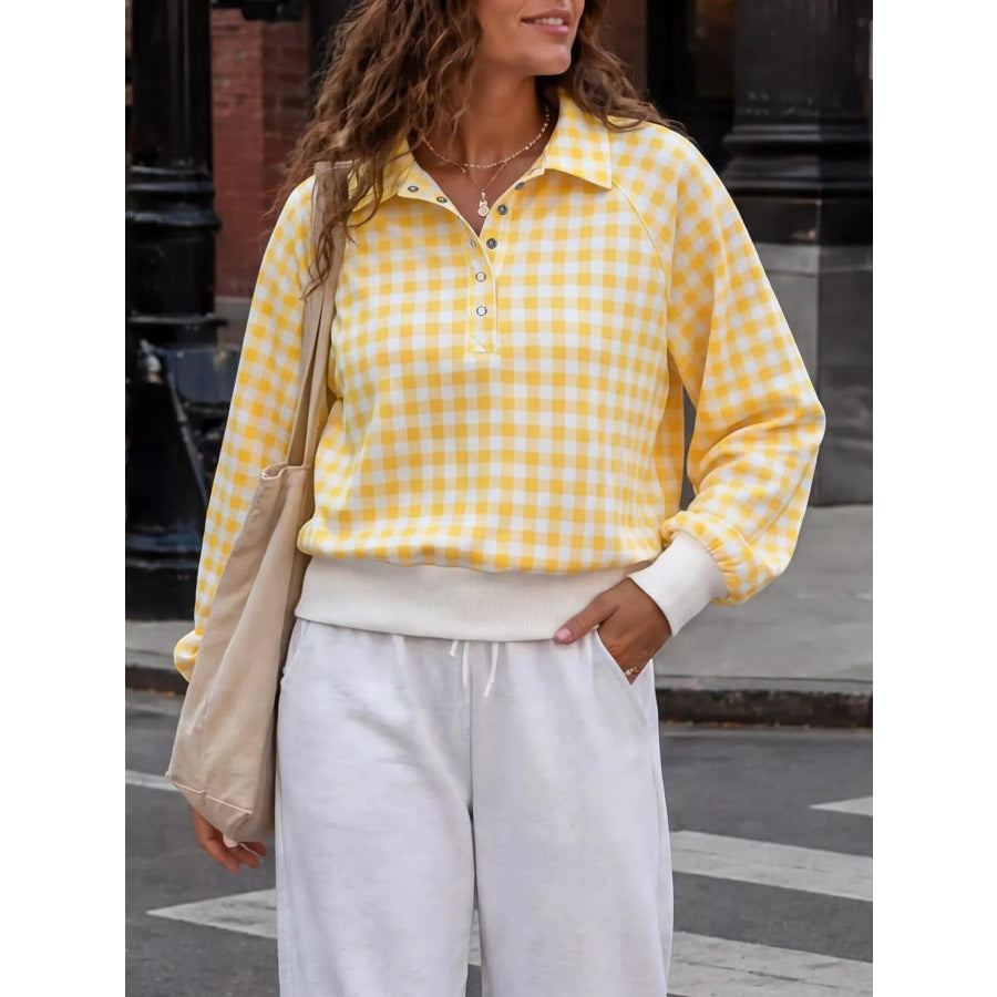 Gingham Plaid Collared Sweatshirt with Ribbed Hem Apparel and Accessories