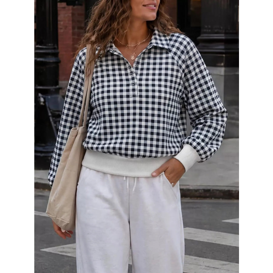 Gingham Plaid Collared Sweatshirt with Ribbed Hem Black / S Apparel and Accessories