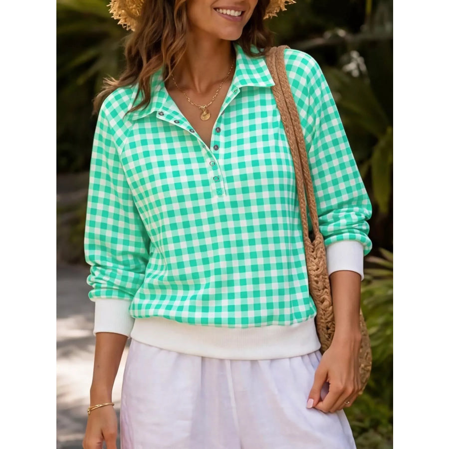 Gingham Plaid Collared Sweatshirt with Ribbed Hem Green / S Apparel and Accessories