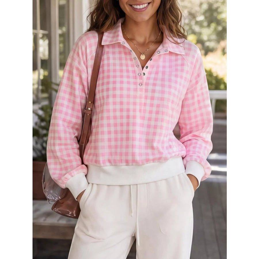 Gingham Plaid Collared Sweatshirt with Ribbed Hem Pink / S Apparel and Accessories