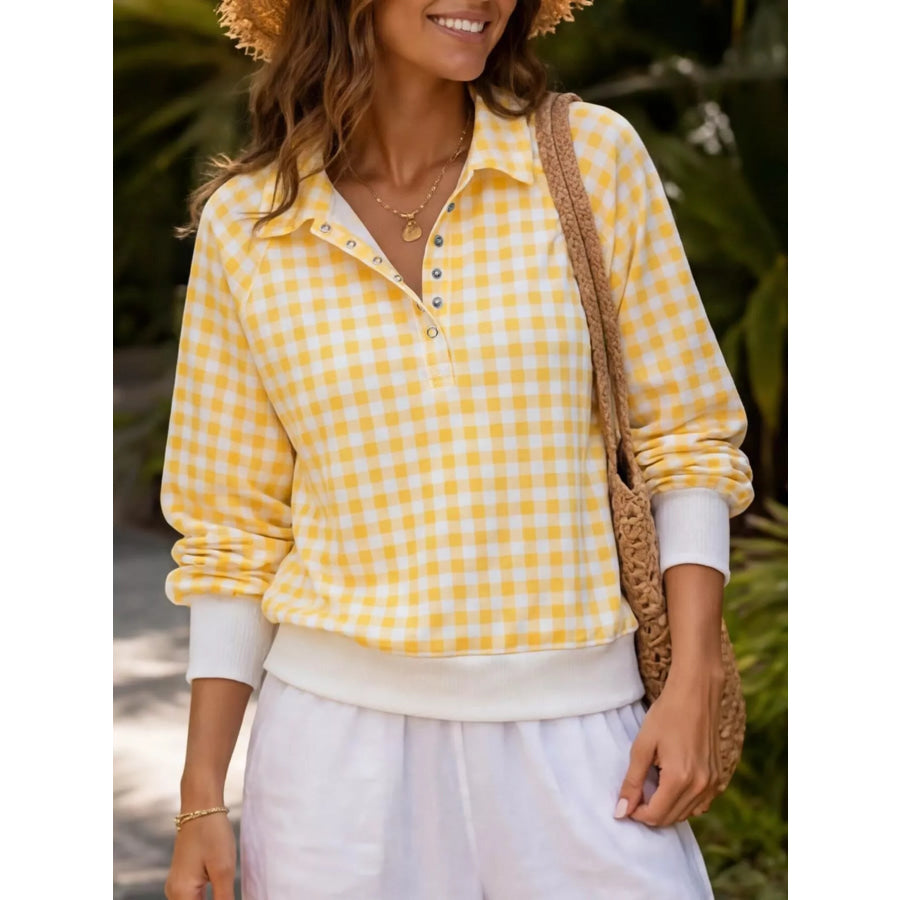 Gingham Plaid Collared Sweatshirt with Ribbed Hem Yellow / S Apparel and Accessories