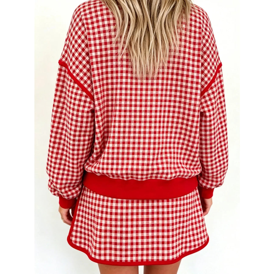 Gingham Plaid Long Sleeve Sweatshirt and Shorts Set Red / S Apparel Accessories