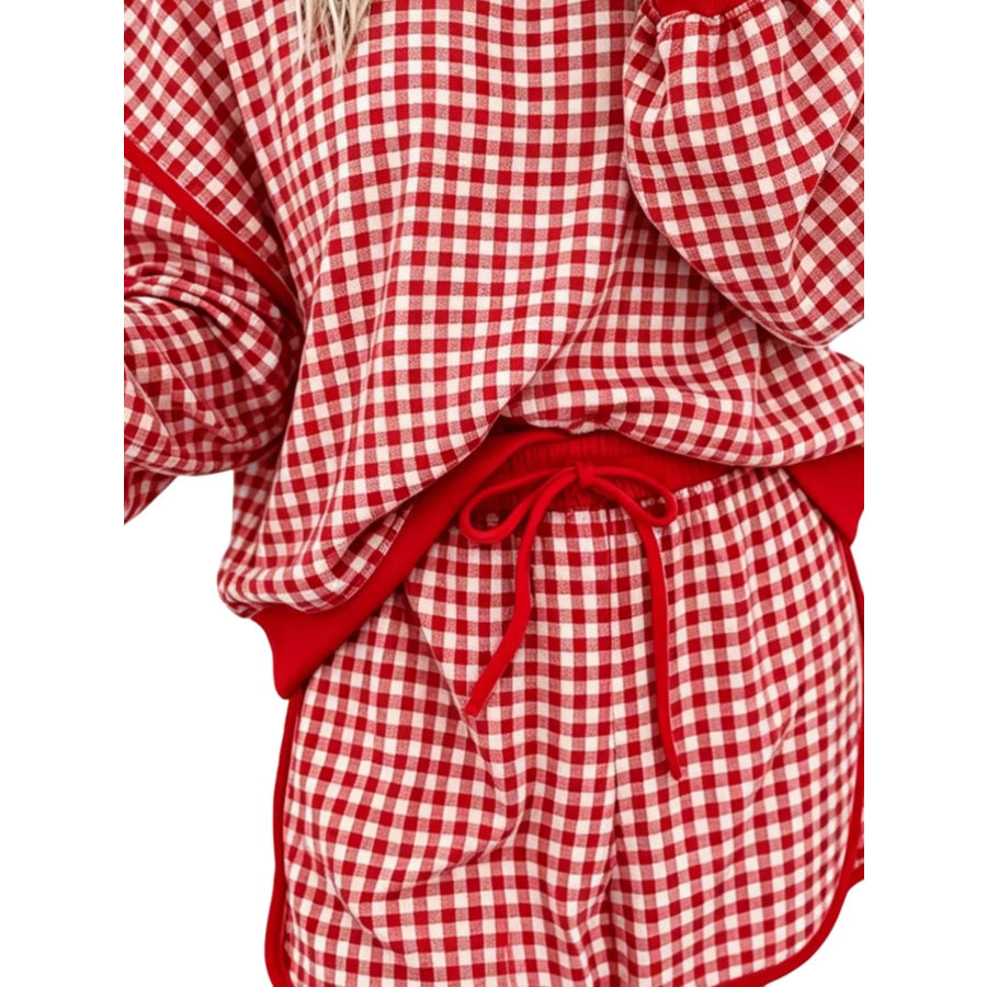 Gingham Plaid Long Sleeve Sweatshirt and Shorts Set Apparel and Accessories