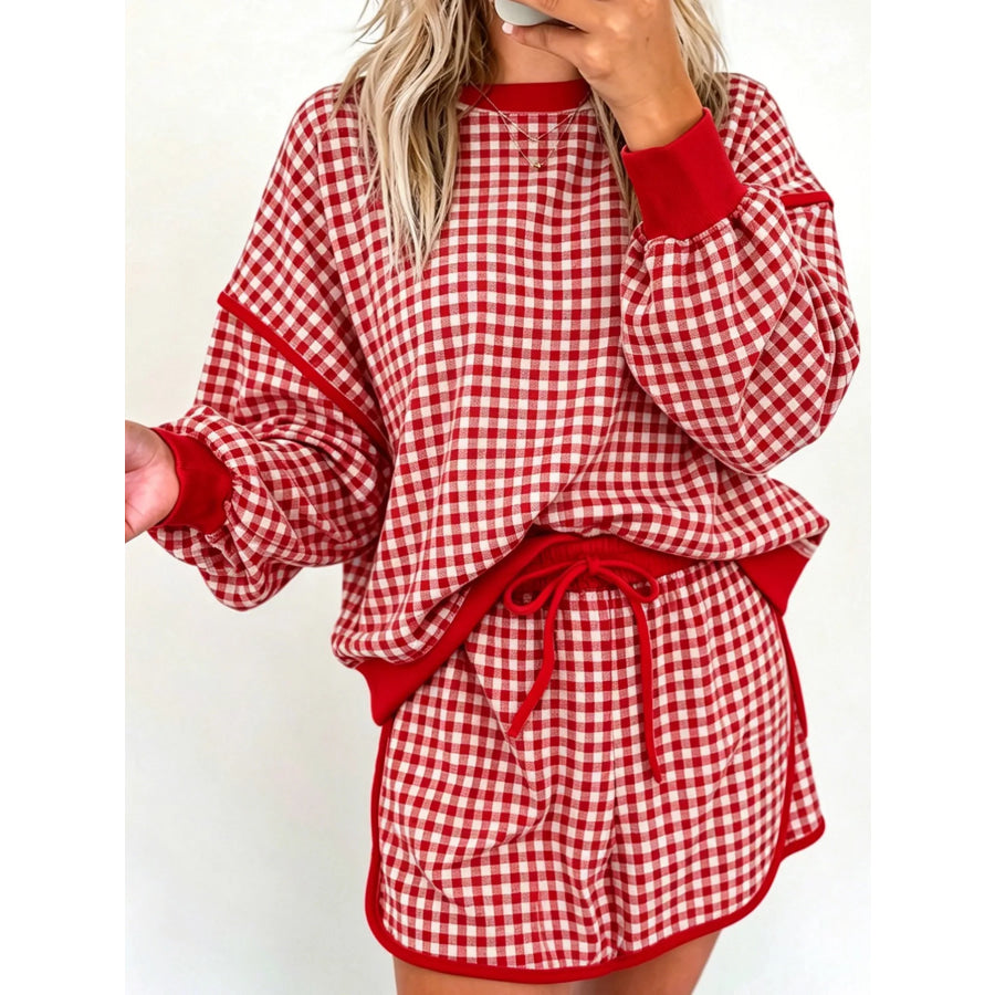 Gingham Plaid Long Sleeve Sweatshirt and Shorts Set Red / S Apparel Accessories