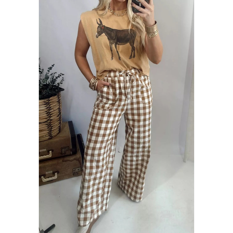Gingham Plaid Tie Elastic Waist Shift Pants Apparel and Accessories