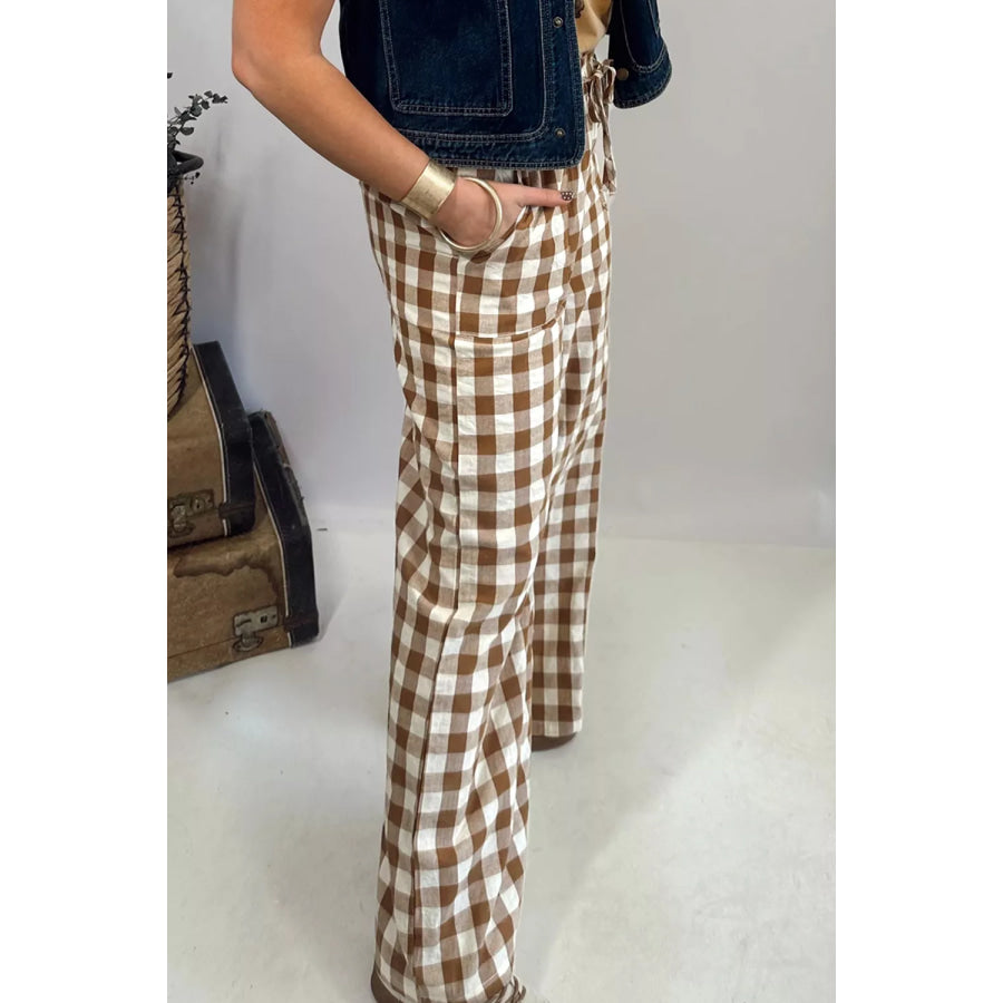Gingham Plaid Tie Elastic Waist Shift Pants Apparel and Accessories