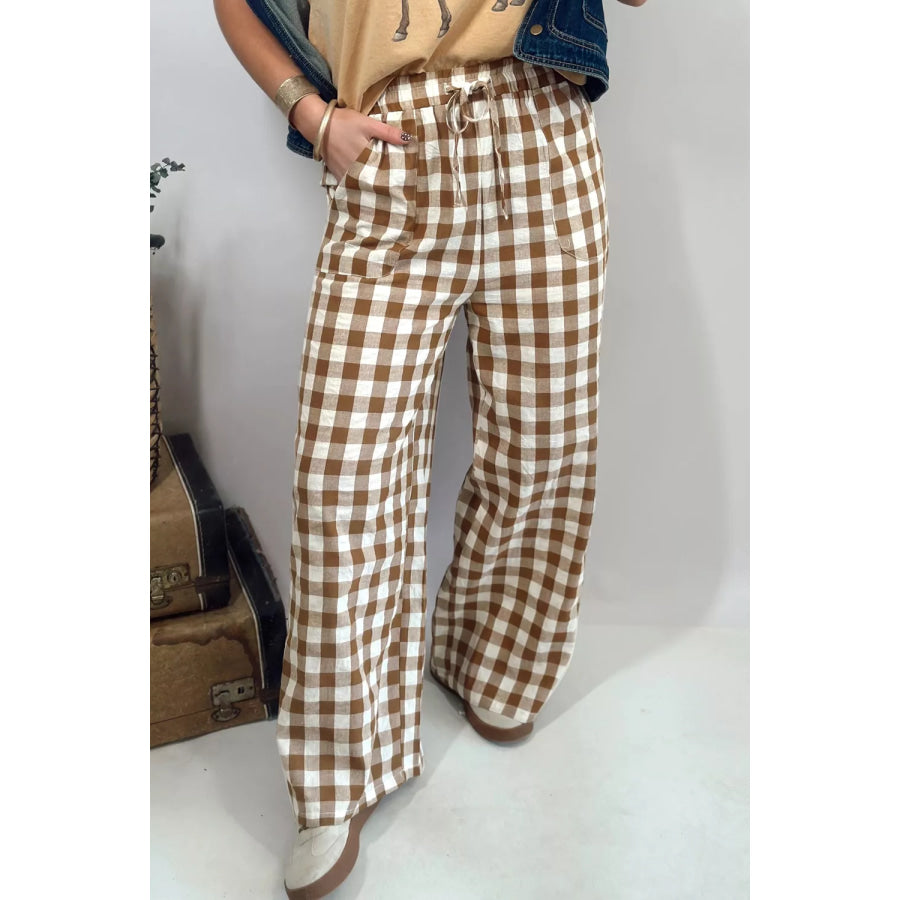 Gingham Plaid Tie Elastic Waist Shift Pants Apparel and Accessories