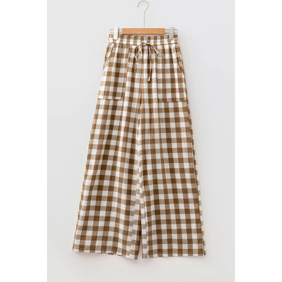 Gingham Plaid Tie Elastic Waist Shift Pants Apparel and Accessories