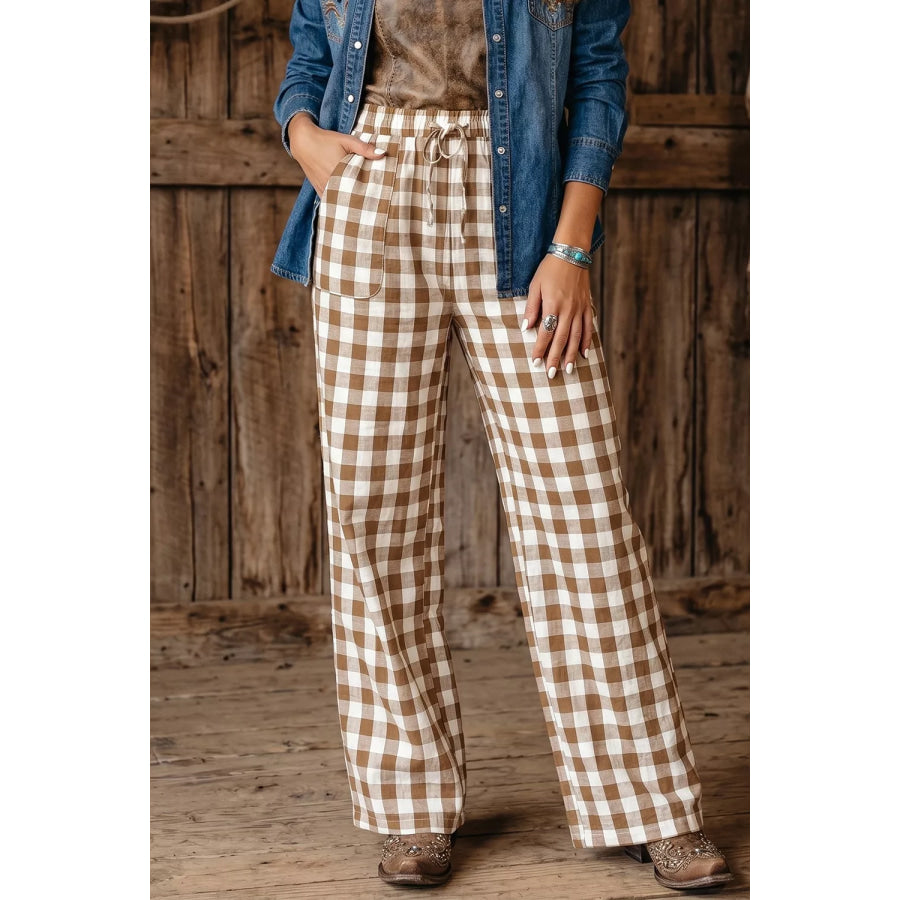 Gingham Plaid Tie Elastic Waist Shift Pants Taupe / S Apparel and Accessories