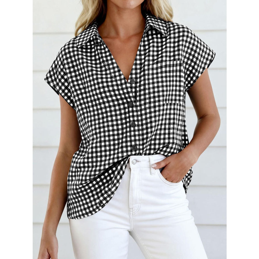 Gingham Print Button-Down Shirt Black / S Apparel and Accessories
