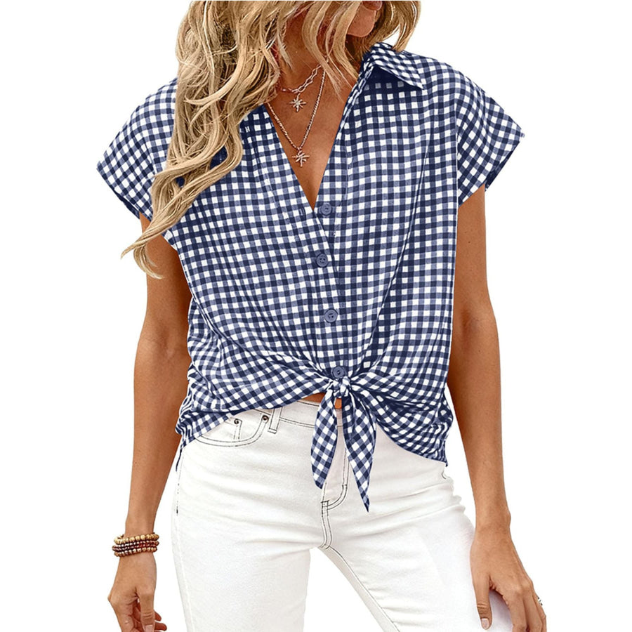 Gingham Print Button-Down Shirt Navy / S Apparel and Accessories