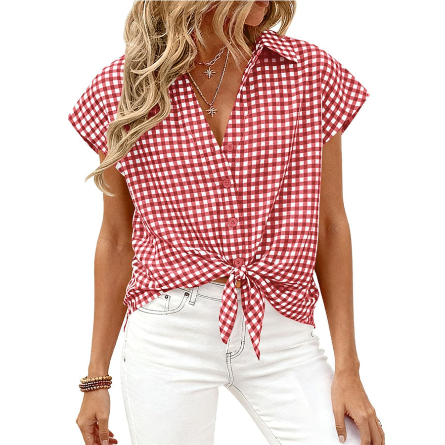 Gingham Print Button-Down Shirt Red / S Apparel and Accessories