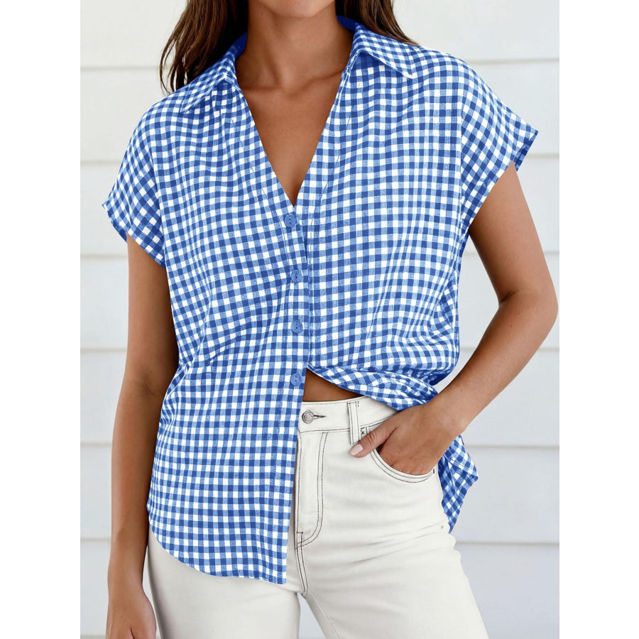 Gingham Print Button-Down Shirt Sky Blue / S Apparel and Accessories
