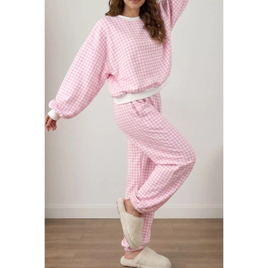 Gingham Round Neck Top and Pants Set Apparel and Accessories