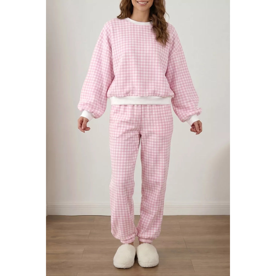 Gingham Round Neck Top and Pants Set Apparel and Accessories