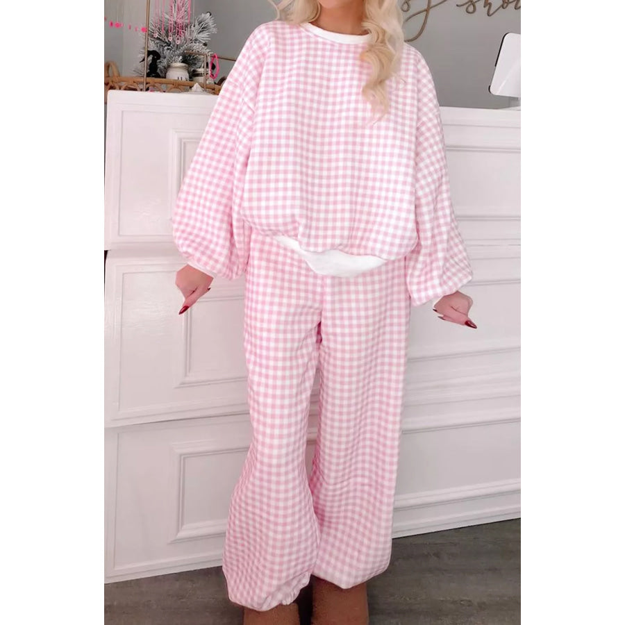 Gingham Round Neck Top and Pants Set Blush Pink / S Apparel and Accessories
