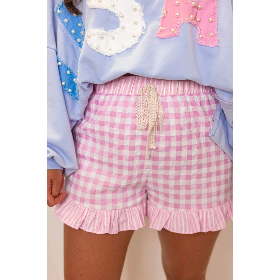 Gingham Ruffle Hem Shorts Blush Pink / S Apparel and Accessories