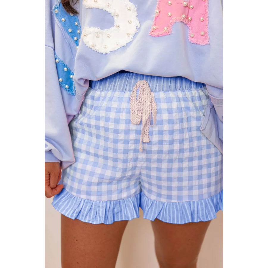 Gingham Ruffle Hem Shorts Light Blue / S Apparel and Accessories