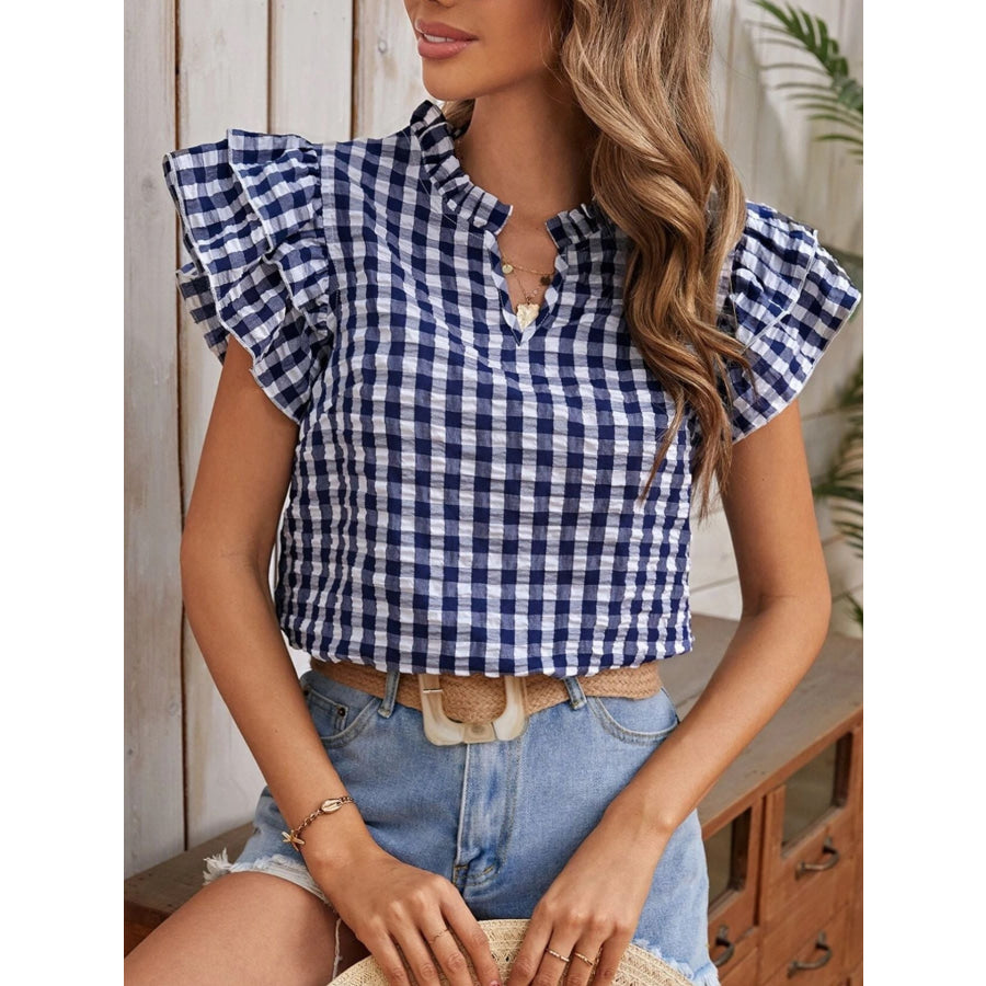 Gingham Ruffle Sleeve Blouse Apparel and Accessories