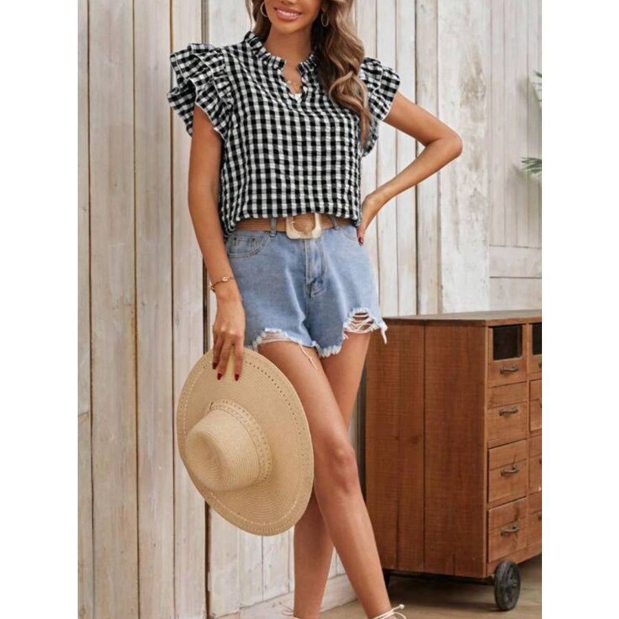 Gingham Ruffle Sleeve Blouse Apparel and Accessories