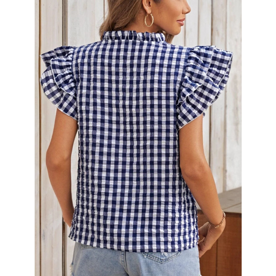 Gingham Ruffle Sleeve Blouse Apparel and Accessories