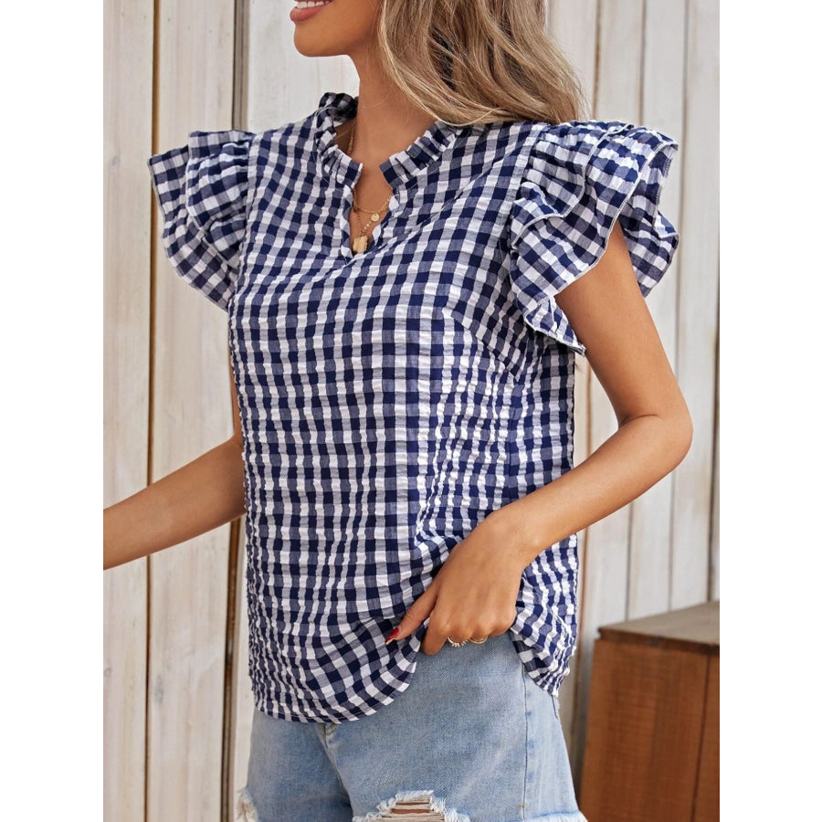 Gingham Ruffle Sleeve Blouse Apparel and Accessories