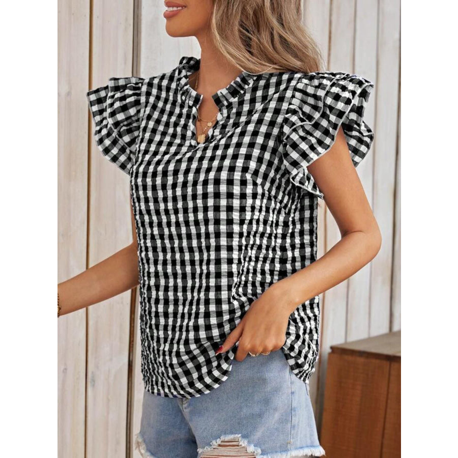 Gingham Ruffle Sleeve Blouse Apparel and Accessories