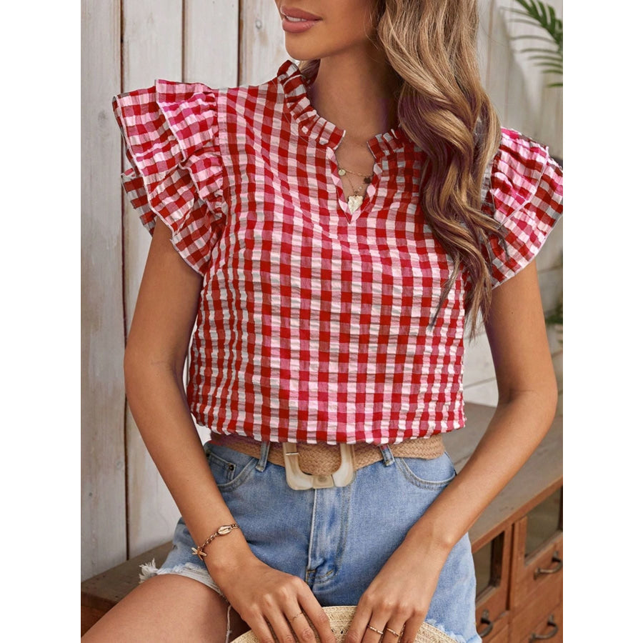 Gingham Ruffle Sleeve Blouse Deep Rose / S Apparel and Accessories
