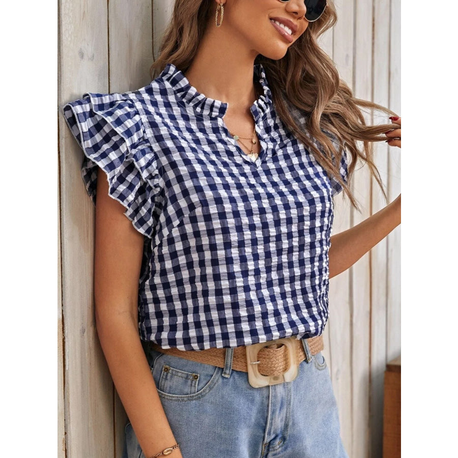 Gingham Ruffle Sleeve Blouse Royal Blue / S Apparel and Accessories