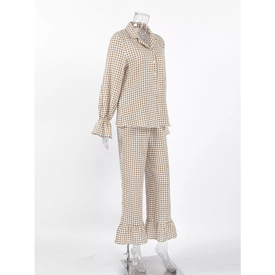 Gingham Ruffle-Trim Top and Pants Lounge Set Apparel and Accessories