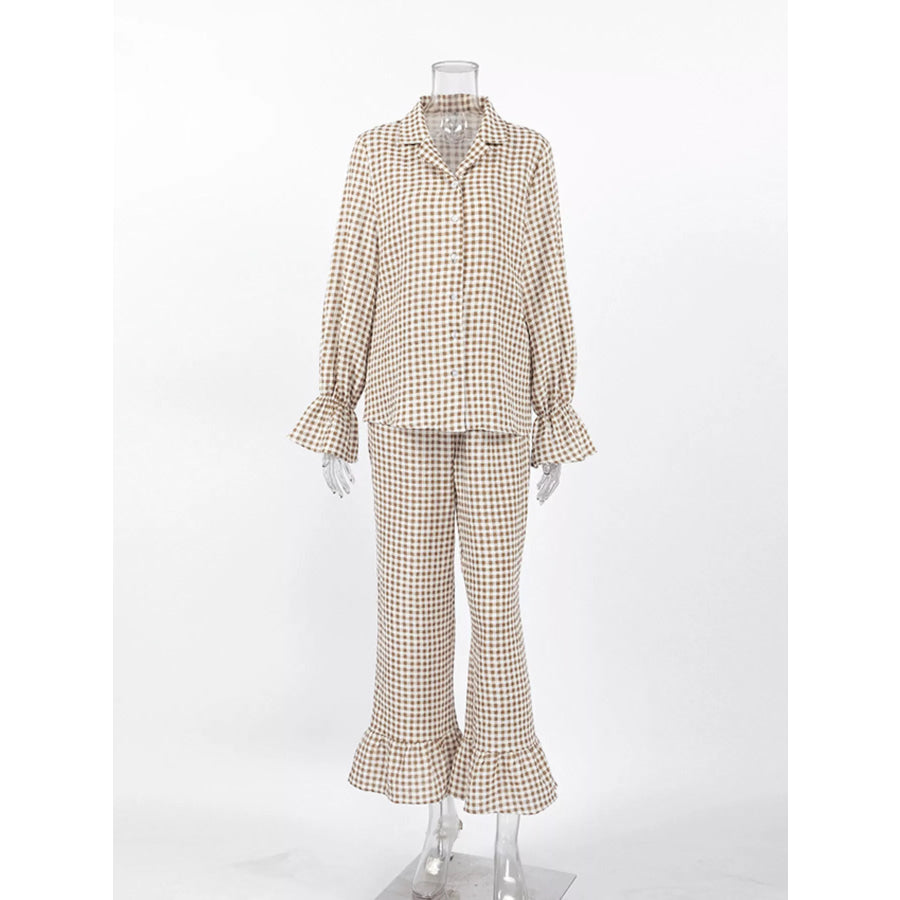 Gingham Ruffle-Trim Top and Pants Lounge Set Apparel and Accessories
